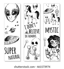 Set of bookmarks. Flying saucer, alien, ghost, unicorn, Dream catcher, crystal ball, magic wand, girl. Vector illustration sketch style. Mystery, strange, unusual, supernatural. Black and white.