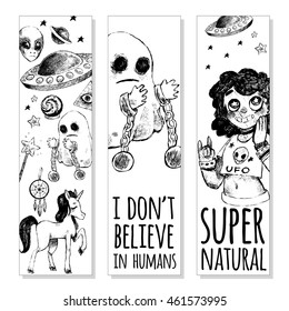 Set of bookmarks. Flying saucer, alien, ghost, unicorn, Dream catcher, crystal ball, magic wand, girl. Vector illustration sketch style. Mystery, strange, unusual, supernatural. Black and white.