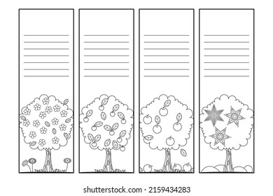 A set of bookmarks for four seasons. Black outline drawing on a white background. Anti-stress Coloring Book for Kids