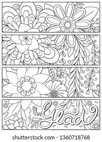 Set of bookmarks. Glad font with floral pattern. Doodles design for Valentine's day or greeting card. Hand drawn with inspiration word. Coloring for adult and kids. Vector Illustration 