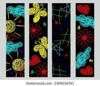 Set bookmarks with hand drawn flowers, stars, hearts, sun, clouds, on black background in childrens slyle.