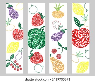 Set bookmarks with hand drawn watermelon, cherry, apple, pear, lemon, strawberry, eggplant, currant, onion on white background in childrens naive style.