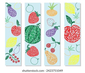 Set bookmarks with hand drawn watermelon, cherry, apple, pear, lemon, strawberry, eggplant, currant, onion on blue background in childrens naive style.