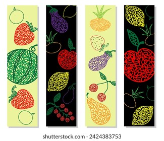 Set bookmarks with hand drawn watermelon, cherry, apple, pear, lemon, strawberry, eggplant, currant, onion on yellow and black background in childrens naive style.
