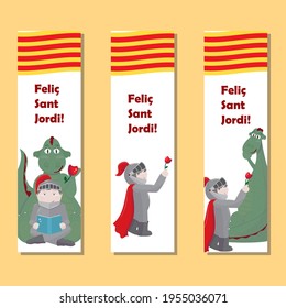 Set von Lesezeichen mit Ritter und Drache. Feliç Sant Jordi (Happy Saint George's Day in katalanischer Sprache - der Schutzheilige von Katalonien).  Vektorgrafik