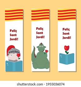 Set von Lesezeichen mit Ritter und Drache. Feliç Sant Jordi (Happy Saint George's Day in katalanischer Sprache - der Schutzheilige von Katalonien).  Vektorgrafik