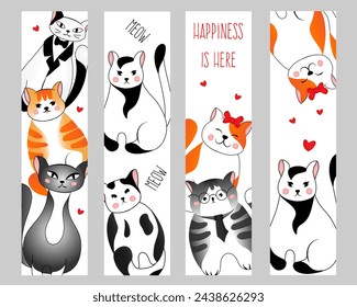 Set bookmarks with many different  red, grey, black and white cats on white background. Vector illustration for children.