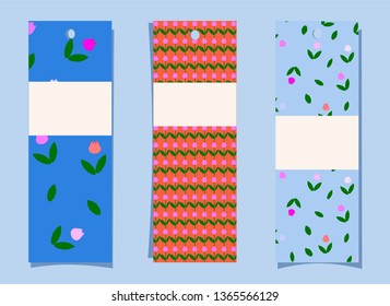 A set of bookmarks. Simple cute tulip pattern on blue and orange background. Tags, labels with floral print. Colorful flyers with place for text, small message. Vector illustration vertical banners