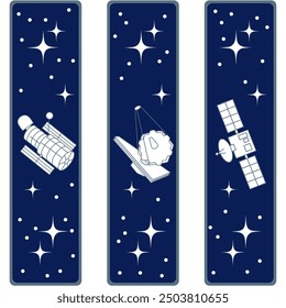 Set of bookmarks with space telescopes and stars on a dark blue backgraound. Vector illustration for school supplies. Labels.