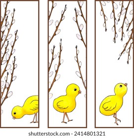 A set of bookmarks in the spirit of Easter. Drawn chicks with pussy willow branches in different poses. Spring and sunny mood, for reading nice books.