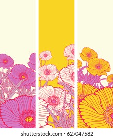 set of bookmarks with stylized cosmos flowers in bright yellow and purple