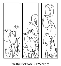 Set of bookmarks with tulips. Coloring bookmarks in the mood of spring. Hand drawn in line style. Coloring for both children and adults. A beautiful gift for spring holidays, Mother's Day.