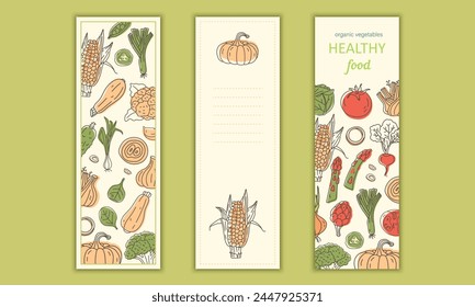 Set of bookmarks with vegetable print. Advertising banner for farmers market, store, website