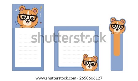 A set of bookmarks and writing sheets with a bear in glasses. Vector graphics. Chancellery