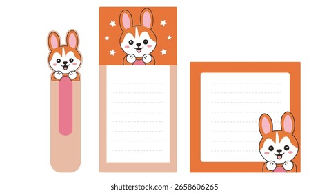 Un conjunto de marcadores y hojas de escritura con un pequeño zorro lindo. Gráficos de Vector. Cancillería