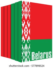 A set of books about Belarus, stylized cover under the state flag of the country.