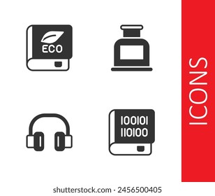 Set Books about programming, ecology, Headphones and Inkwell icon. Vector