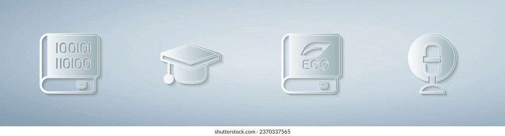 Set Books about programming, Graduation cap, ecology and Microphone. Paper art style. Vector