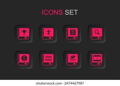 Set Books about programming, Holy bible book, ecology, women, cinema,  and Financial icon. Vector