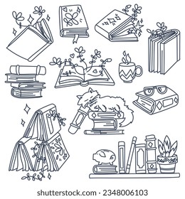 A set of books along the contour with plant elements coming out of the books. A cat, a stack of books on a shelf, open, closed books, in the style of doodles with plants. Cute children's fantasy book