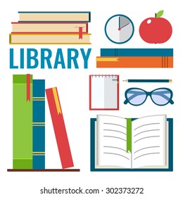 Set of books with apple, glasses and note-book. Library and education concept. Flat style vector illustration.