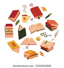 Set of books and autumn elements, education  symbols. Vector circle season illustration for book store, learning, library, reading club, banner concept design. 