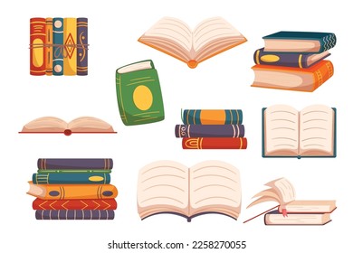 Set of Books, Bestsellers, School Textbooks. Closed And Open Dictionaries With Colorful Covers And Bookmarks. Single Objects And Pile, Isolated Books In Store Or Library. Cartoon Vector Illustration