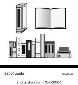A set of books. Black and white graphic design on a white background. 