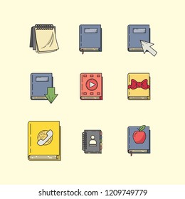 Set of books, calendar, paper, contact, etc