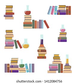 Set of books chaotically stacked in heaps with flasks and beakers. Flat style isolated on white vector illustration.