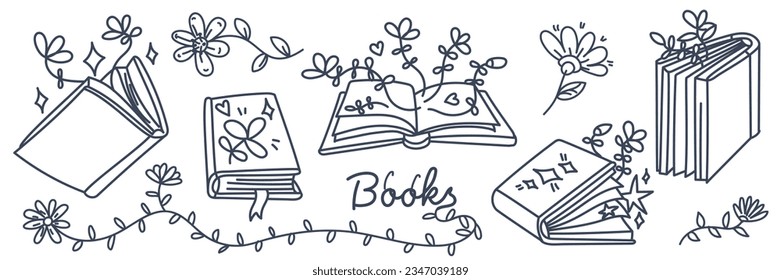 A set of books in a contour with elements of plants coming out of books. Open, closed books, a stack of books in the style of doodles with plants. Cute children's fantasy book