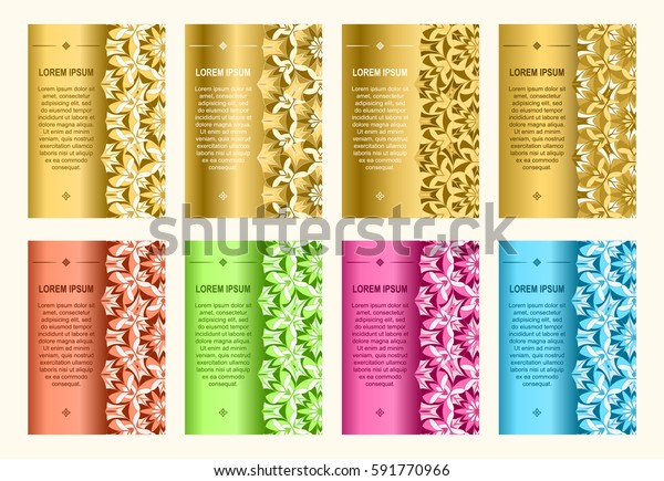 A set of\
books covers design patterns. Some figures in gold tones. Another\
part of the drawing is framed in bright rich colors. Luxury gold\
layout for brochure, booklet,\
invitation.