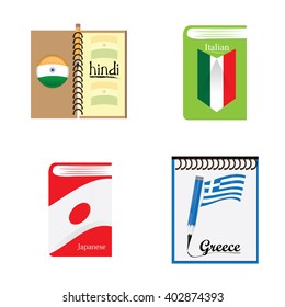 Set of books and dictionaries with text and different languages on a white background