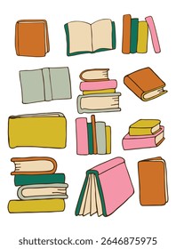 Set of books from different angles. Books, magazines. Books on the shelf stand or lie. Closed, open books or magazines. Correspondence. Education. Vector illustration.