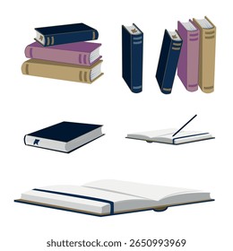 Conjunto de livros de diferentes ângulos sobre um fundo branco. Livros educativos e ficção, caderno. Ilustração vetorial.
