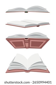 Conjunto de livros de diferentes ângulos sobre um fundo branco. Livros educativos e ficção, caderno. Ilustração vetorial.