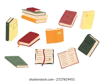 Set of books in different positions, including stacked books, open books, and standing books. Flat vector illustration isolated on white background, ideal for education concepts, learning materials, school design, libraries, publishing, and editorial graphics.