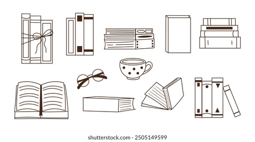 Set of books in doodle style. Books, reading glasses, cup. Various books, stacks of books, for reading lovers. Vector illustration, hand drawn, outline style.