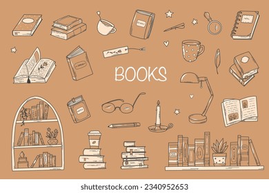 Set of books doodles, cartoon elements, clip art, stationary, stickers. Hand drawn objects isolated on brown craft paper background. EPS 10