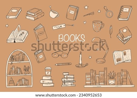 Set of books doodles, cartoon elements, clip art, stationary, stickers. Hand drawn objects isolated on brown craft paper background. EPS 10