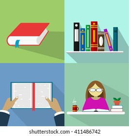 Set of books in flat design. Four vector illustration for theme of study, learning school.