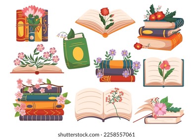 Bücher mit Blumen, Bestseller, Romantik-Literatur. Geschlossene und offene Wörterbücher mit bunten Blüten, Decken und Lesezeichen. Einzelobjekte und Pilze, gestapelte Bücher. Cartoon-Vektorgrafik