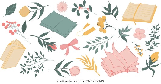 Set of books, flowers, leaves. Open book. Hand drawn illustration for bookstore design, library, postcard design, poster, banner.