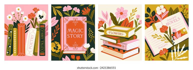 Set of Books with flowers. Posters with literature decorated with blooming wildflowers. Bouquets on poetry book. Love of reading. Cartoon flat vector illustrations isolated on white background