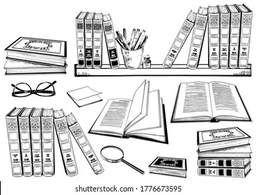 Set of books, glasses and bookshelf. Black and white sketchy illustration. Hand drawn vector.