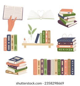 Se establece con libros. Una mano sostiene un libro, pila de libros, libros en una estantería, libro abierto. Símbolo de educación, estudio, ciencia, lectura, aprendizaje. Simple ilustración de dibujos animados planos aislados en fondo blanco.