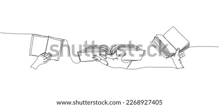 Set of books in hands one line art. Continuous line drawing of book, library, education, school, study, literature, textbook, knowledge, page, reading.