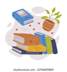Set of books and houseplant in flowerpot. Science, hobby, education concept cartoon vector illustration