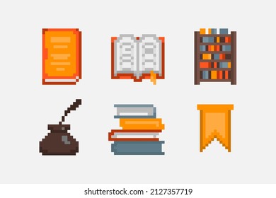 Set of books icons in pixel art style