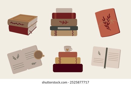 Set of books illustration. Set of different stacks and piles of books, open and closed books. Education, knowledge, study concept, cozy reading.